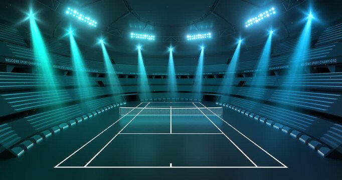 Futuristic tennis arena at night with shining spotlights and thrilling atmosphere before sport event. Tennis court in 4K video animation as sport background for advertising.