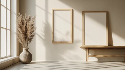 Minimalist Interior with Two Empty Frames, Dried Grass, and a Wooden Bench