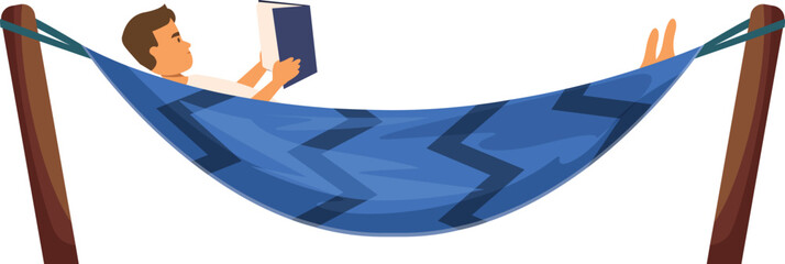 Young man is enjoying a relaxing day reading a book while laying in a hammock