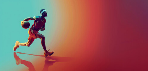An athlete in motion, dribbling a basketball on a colorful gradient background. This image captures the energy and dynamism of sports and fitness.