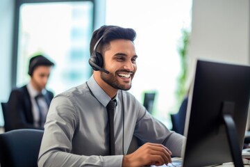 Indian man working at call center laptop headphones computer.