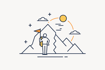 A t-shirt design featuring a single hiker standing a top a simple mountain peak, vector art illustration