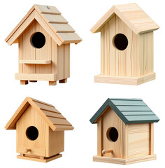 set of wooden bird house isolated on transparent background.generative AI