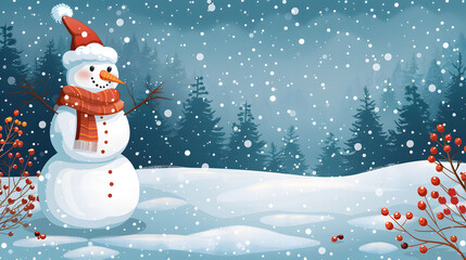 Fototapeta premium Panoramic view of happy snowman in winter scenery. Close-up