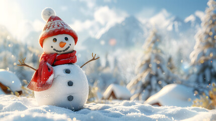 Obraz premium Panoramic view of happy snowman in winter scenery. Close-up
