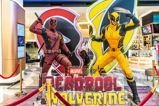 Bangkok, Thailand - August 03, 2024: Life-size model of Deadpool and Wolverine, the iconic antihero from Marvel Comics of a movie called Deadpool Wolverine display at the cinema to promote the movie