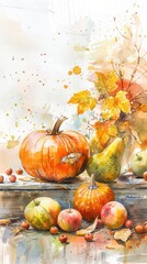 A watercolor painting depicts a still life of various autumn fruits and pumpkins on a wooden shelf. Two pumpkins, one large and one smaller, are positioned in the center of the painting, with an apple