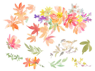 Vector illustration set of abstract autumn leaves and autumn flowers painted in watercolor, with birds. Watercolor flower illustration for invitations.