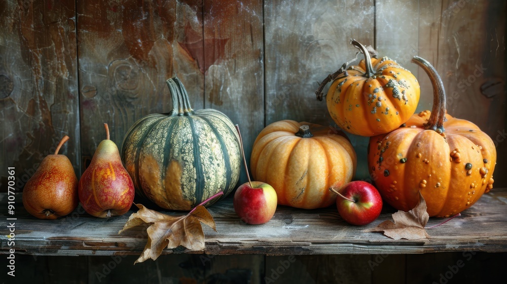 Poster a rustic wooden shelf displays a still life of autumn fruits and vegetables. there are three pumpkin