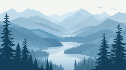 Serene Mountain Landscape with a Winding River and Silhouetted Pine Trees