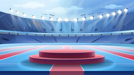 Empty cricket stadium with a blue platform in the foreground, set against a clear blue sky. Ideal for sports events, product launches, or presentations.