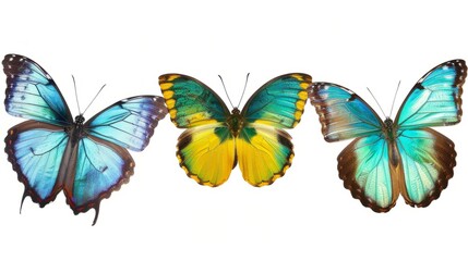 Obraz premium set of beautiful blue green yellowbutterflys isolated on white background