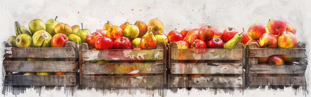 Poster a watercolor painting of three wooden crates filled with red apples, green pears, and yellow pears, 