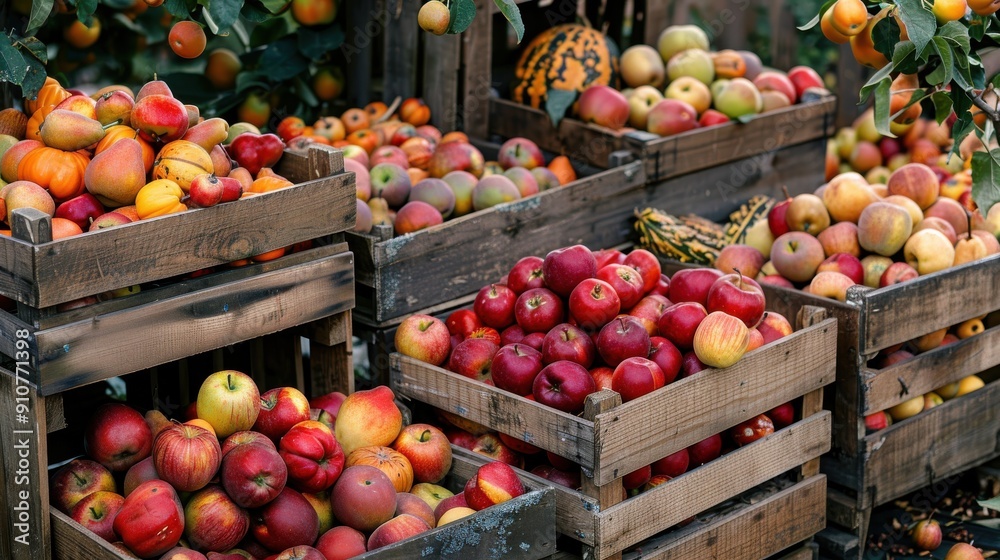 Aufkleber A collection of wooden crates overflowing with freshly harvested apples, showcasing a variety of colors and sizes. The crates are arranged in a row, with the apples neatly stacked in each crate. Some 