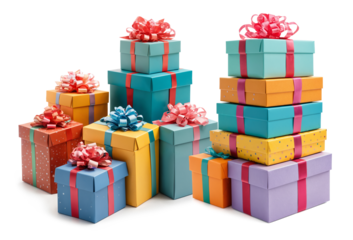 colorful pile of gifts or stacked gift packages, gift boxes as vibrant stack of presents wrapped and with festive ribbons, isolated