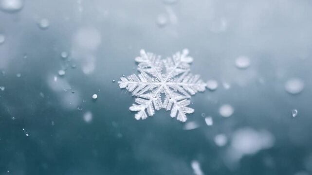A single snowflake lands gently, showcasing its intricate patterns against a contrasting dark background in a quiet winter moment