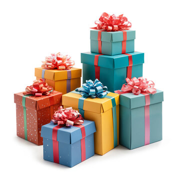 colorful pile of gifts or stacked gift packages, gift boxes as vibrant stack of presents wrapped and with festive ribbons, isolated