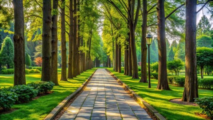 Scenic stone path lined with tall trees in a peaceful park setting , serene, inviting, stroll, nature, trees, tranquil