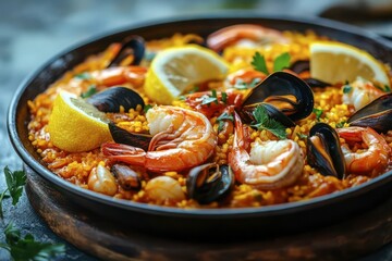 A detailed close-up photograph of a vibrant Spanish paella dish. The image showcases succulent shrimp, mussels, and lemon wedges on a bed of saffron-infused rice, garnished with fresh parsley.