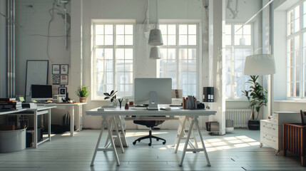 Comfortable workplace with computer near wooden wall in stylish room interior. Home office design