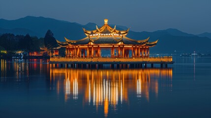 Fototapeta premium Illuminated Pagoda on a Serene Lake