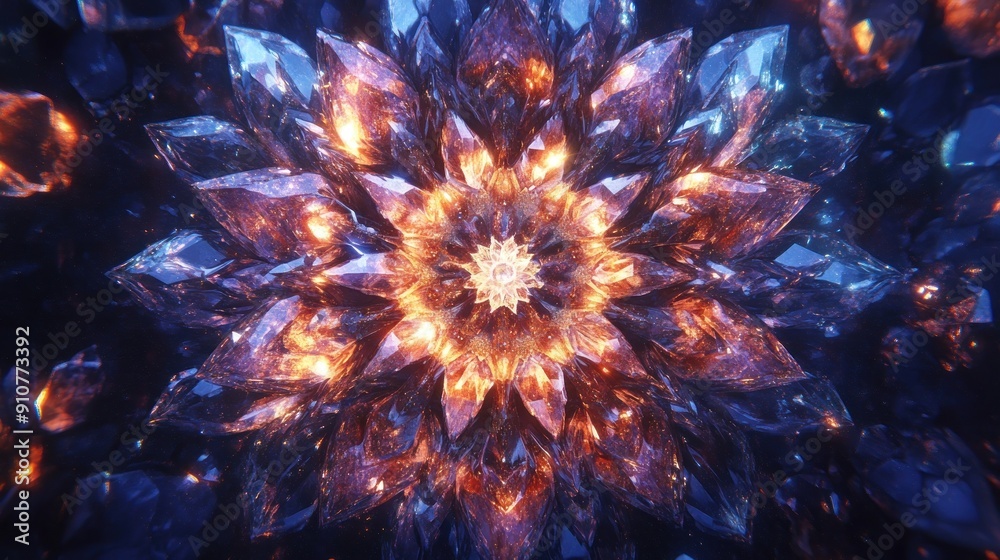 Poster glowing crystal formation with a starburst pattern