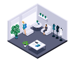 Atelier building. Designer, the Tailor communicates with the client. High fashion. High-quality isometric