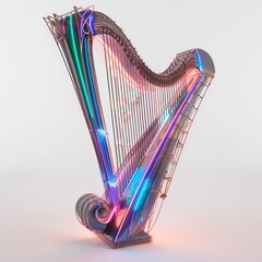 3D Render, Low Poly style of a glowing, sci-fi harp with energy strings, on isolated white background