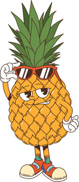 Cartoon groovy pineapple retro character wearing sunglasses and sneakers. Isolated vector ripe tropical pineapple fruit has an expressive face and a confident pose, giving off a cool and relaxed vibe
