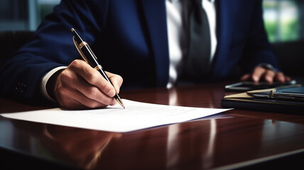 Close-up image of a businessman's hand signing a contract