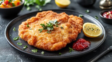 Crisp and golden schnitzel served with lemon wedges and a vibrant garnish, evoking a sense of hearty home-cooked comfort.