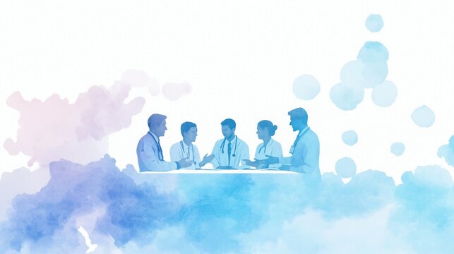 Medical conference, professionals discussing, collaborative environment, Watercolor style