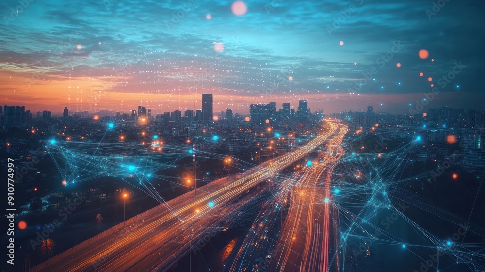 Poster cityscape with illuminated roads and abstract network connections
