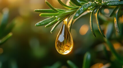A golden drop of rosemary oil, bathed in warm sunlight, symbolizing the purity and beauty of nature.