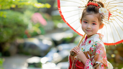 日本庭園で優雅に立つ7歳の日本人女の子