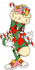 Retro groovy Christmas sock character filled with gifts and candy canes. Isolated cartoon vector xmas stocking decorated with red and green checkered pattern, has a happy face and wearing sneakers