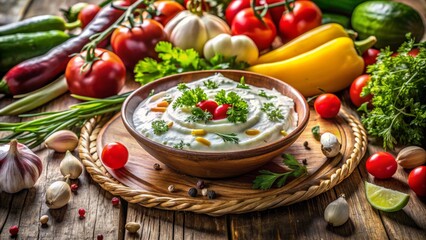 Dip cremoso de yogur con hierbas frescas y tomates cherry. Ideal para acompa&ntilde;ar con crudit&eacute;s de verduras o como aperitivo ligero en una reuni&oacute;n