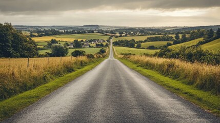 Naklejka premium Countryside asphalt road surrounded by vast farmlands, with a small village visible in the distance