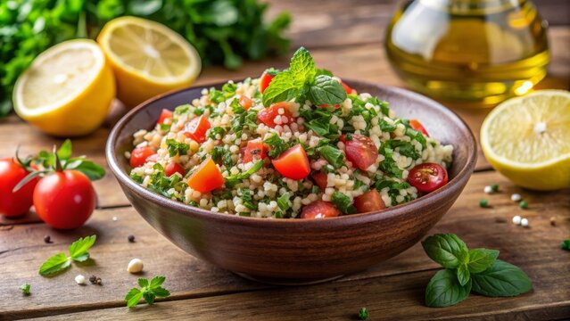 Un taz&oacute;n de tabul&eacute; fresco con tomates cherry y lim&oacute;n, decorado con una hoja de menta. Este plato cl&aacute;sico mediterr&aacute;neo es perfecto para una comida ligera y refrescante.