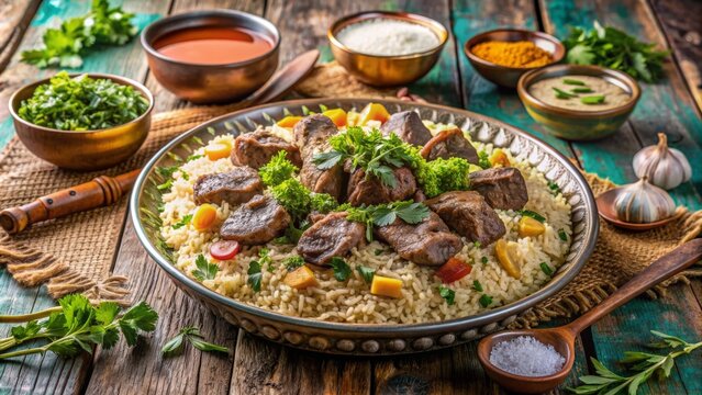 Un elegante plato de kabsa con carne de cordero tierna sobre arroz especiado, decorado con frutos secos y hierbas frescas. Este plato se sirve con salsas arom&aacute;ticas y est&aacute; rodeado de especias, ofrecie