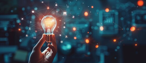 Hand holding a glowing light bulb with digital icons connecting to it.