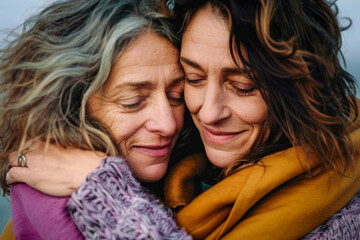 Two women embracing each other with eyes closed, sharing heartfelt and tender moment