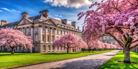 Fototapeta premium Cherry blossoms in full bloom at Trinity College in Dublin, Ireland, cherry blossoms, Trinity College, Dublin, Ireland