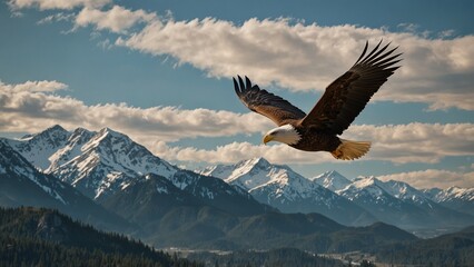 Obraz premium An eagle soaring high, surrounded by majestic mountains and the vast sky.