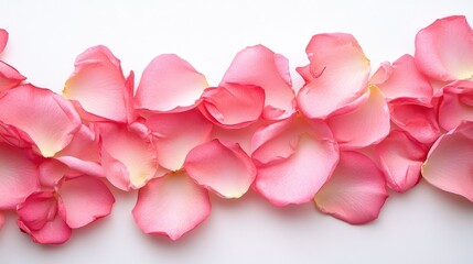 Pink rose petals forming a soft, romantic border on a white background, ideal for Valentine's Day