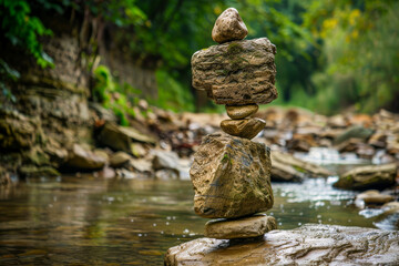 Obraz premium Stacked stones balanced on river surrounded by nature
