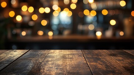 Rustic wooden tabletop in front of a soft focus, vibrant restaurant lighting background