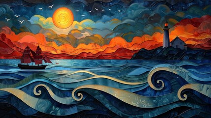 Artistic illustration of a seascape with a lighthouse, a sailing ship, and a sunset, created using a layered paper art technique.
