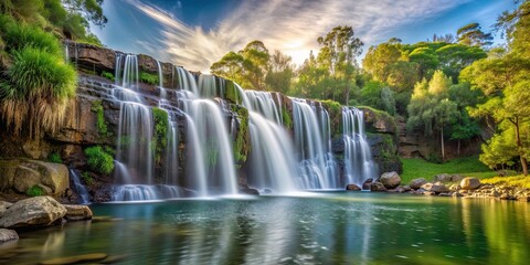 Fototapeta premium Beautiful waterfall in a serene country setting, nature, landscape, scenic, tranquil, water, cascading, outdoors, environment