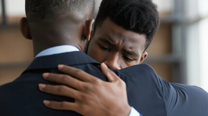 Two men share a heartfelt embrace, conveying deep emotion and support in a contemporary office environment